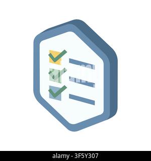 Isometric 3D Checklist Icon with Green Tick Marks and Three Tasks Completed in a Hexagon Frame white background isolated Stock Vector