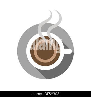 Flat vector illustration of a steaming hot cup of coffee with a saucer and long shadow from a top-down view. white background isolated Stock Vector