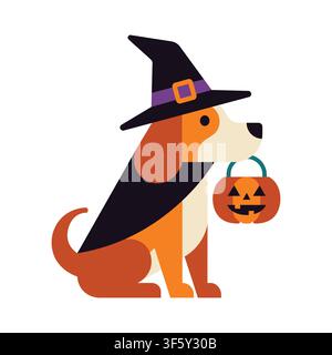 Cute Beagle Dog Dressed as a Witch for Halloween Holding a Jack-o'-Lantern Pumpkin Basket Illustration white background isolated Stock Vector