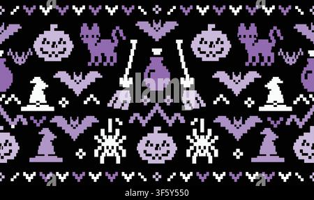 Seamless pixel art Halloween pattern with ghosts, pumpkins, moons, witch hat, potions, bats and spooky icons, shades of purple on black background. Stock Vector