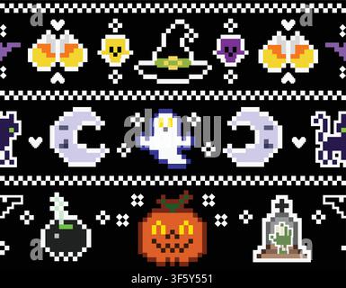 Seamless pixel art Halloween pattern with ghosts, pumpkins, moon, witch hat, potion, bats on black background. Retro repeating vector illustration Stock Vector