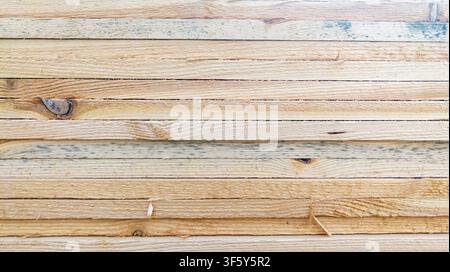 Close-up side view of stacked natural sawn timber boards and wooden planks. Concept of woodworking, carpentry materials, and building supplies. Stock Photo