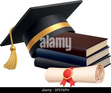 Graduation cap over books and diploma scroll with red ribbon realistic 3D academic achievement illustration Stock Vector