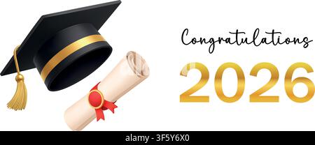 Congratulations 2026 graduation banner with diploma and graduation cap on white background. Academic vector illustration Stock Vector