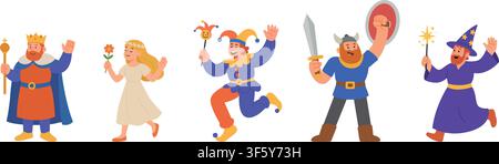 Set of five funny medieval cartoon characters standing in a row. Vector fairytale illustration of king, girl, jester, warrior and wizard Stock Vector