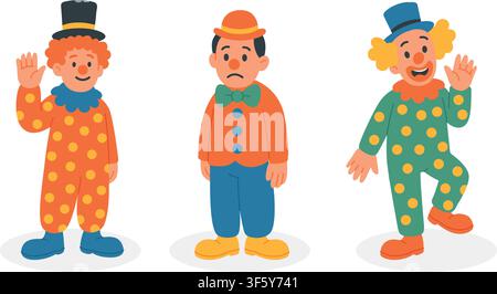 Three cute cartoon circus clowns standing in a row on white background. Flat vector collection of funny performers with varied costumes and poses Stock Vector