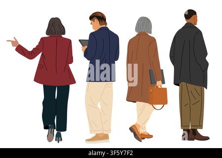 Four professionals walk forward engaged in work. Stock Vector