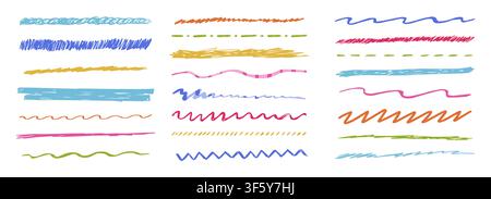 Underline doodles highlight strokes with crayon texture. Scribble pencil marks collection. Scrawl separator, line divider hand drawn squiggle border set. Straight, curly, wavy and zigzag underlines. Vector illustration Stock Vector
