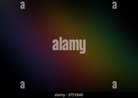 A dark, moody abstract background with a textured, swirling pattern illuminated by subtle, blended rainbow light gradients across the surface. Stock Photo