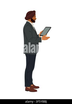 Man stands holding tablet. He wears suit, turban Stock Vector