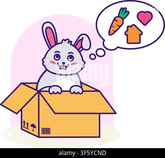 Cartoon line art rabbit bunny in box thinking about home, love, tasty food. Adopt pet design for pet shop branding, small animal care app, Easter grap Stock Vector