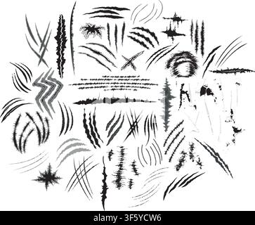 Distinct scratch claw mark vector icons comprehensive collection. Set features various slashes, animal gouges, rough cuts, and damaged surface marks i Stock Vector