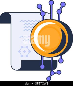 Cryptocurrency coin and digital contract icon for blockchain technology, smart agreement, fintech platform, mobile application, website interface, and Stock Vector