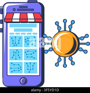 Mobile banking icon with smartphone and digital coin for fintech services, online payment, cryptocurrency platform, mobile application, website interf Stock Vector