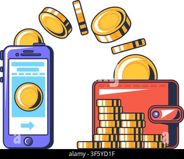 Cryptocurrency payment icon with mobile wallet, digital coins, and cash wallet for blockchain finance, online payment, fintech services, mobile applic Stock Vector