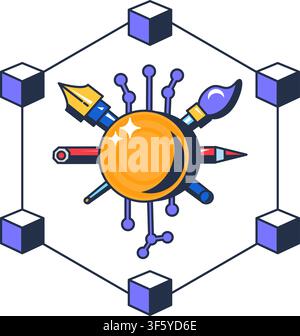 Blockchain network icon with cryptocurrency coin and creative tools for decentralized technology, fintech platform, mobile application, website interf Stock Vector