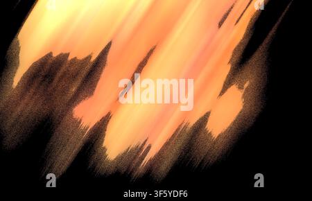 An energetic diagonal streak of golden orange and yellow paint with a textured, grainy finish, isolated against a deep black background. Stock Photo