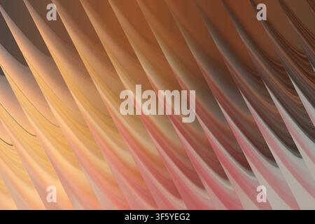 A digital art abstract featuring a series of repeating, curved, spike-like structures in gradient shades of orange, peach, and soft brown. Stock Photo