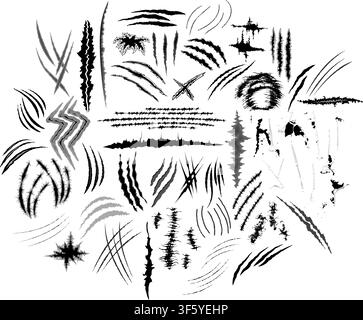 Distinct scratch claw mark vector icons comprehensive collection. Set features various slashes, animal gouges, rough cuts, and damaged surface marks i Stock Vector