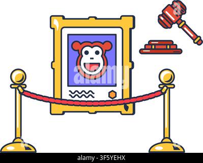 NFT auction icon with framed digital artwork, auction hammer, and museum barrier for blockchain marketplace, online collectibles, mobile application, Stock Vector
