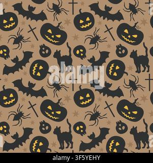 Halloween seamless background with jack-o-lantern pumpkin, spider, skull, bat black silhouettes for packaging or party decor Stock Vector