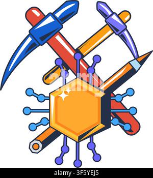 Cryptocurrency mining icon with pickaxe, tools, and digital coin for blockchain technology, crypto platform, fintech branding, mobile application, web Stock Vector