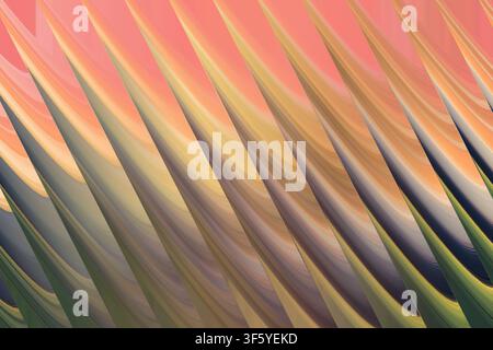 A vibrant digital fractal image showing repeating diagonal blade shapes transitioning through warm sunset colors of orange, yellow, and deep green. Stock Photo
