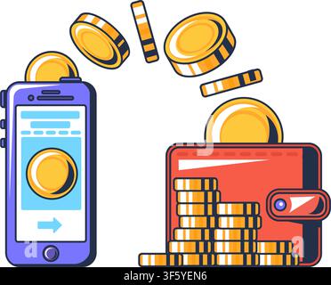 Cryptocurrency payment icon with mobile wallet, digital coins, and cash wallet for blockchain finance, online payment, fintech services, mobile applic Stock Vector