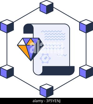 Blockchain smart contract icon with digital document and cryptocurrency token for decentralized finance, fintech platform, mobile application, website Stock Vector