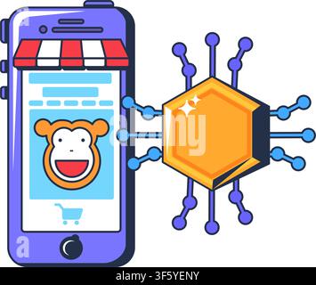 Crypto mobile marketplace icon with smartphone shopping app connected to blockchain token for cryptocurrency payments, fintech ecommerce, digital wall Stock Vector