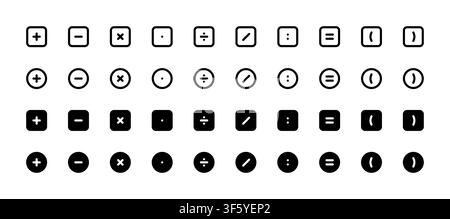 Set of 40 mathematical symbols and arithmetic icons in four styles including linear bold outline and solid negative space versions Stock Vector