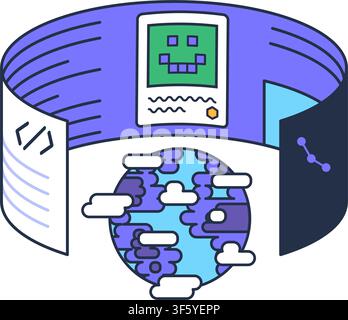 Blockchain technology icon with digital globe, processor, and decentralized network for fintech platform, cryptocurrency services, mobile application, Stock Vector