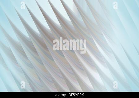 A digital art abstract featuring a series of repeating, curved, spike-like structures in gradient shades of light blue and cool white tones. Stock Photo