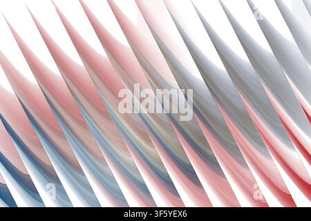 A dynamic abstract fractal composition featuring sharp, blade-like diagonal forms with soft pink, blue, and grey gradients, isolated on a white backgr Stock Photo