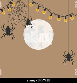 Hand-drawn Halloween night card, banner, spiders and spider web, full moon and string lights for seasonal party invitation or web Stock Vector
