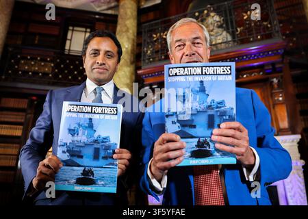 London, UK. 03rd Aug, 2026. Reform UK leader Nigel Farage (R) and Reform UK home affairs spokesperson Zia Yusuf (L) hold the Operation Fortress document at the party 's press conference. Credit: SOPA Images Limited/Alamy Live News Stock Photo