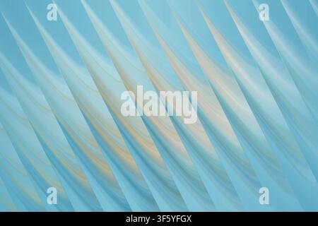 A minimalist abstract background featuring a series of repeating, smooth diagonal wave-like structures in varying shades of soft blue and light cyan. Stock Photo