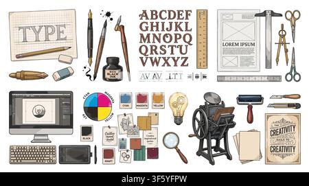 Set of hand-drawn typography icons showing the creative process of poster design from lettering sketch and printing to the final workspace. Stock Vector