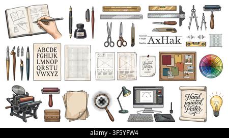Set of hand-drawn typography icons showing the creative process of poster design from lettering sketch and printing to the final workspace. Stock Vector