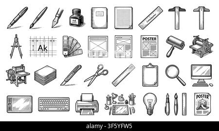 Set of hand-drawn typography icons showing the creative process of poster design from lettering sketch and printing to the final workspace. Stock Vector