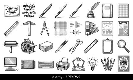 Set of hand-drawn typography icons showing the creative process of poster design from lettering sketch and printing to the final workspace. Stock Vector