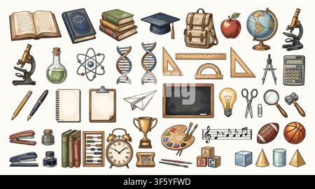 Back to school chalk doodles on blackboard with hand drawn education icons, books, science symbols, stationery and cute classroom elements Stock Vector