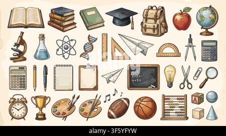 Back to school chalk doodles on blackboard with hand drawn education icons, books, science symbols, stationery and cute classroom elements Stock Vector