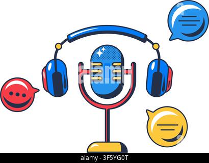 Podcast microphone icon with headphones and chat symbols for broadcasting, audio recording, streaming platform, mobile application, website interface, Stock Vector