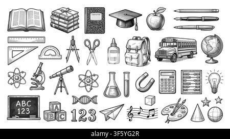 Back to school chalk doodles on blackboard with hand drawn education icons, books, science symbols, stationery and cute classroom elements Stock Vector