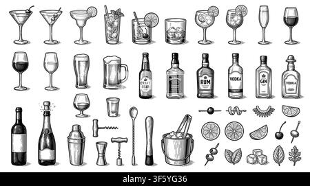 Vector set of bottles for alcohol. Stock Vector