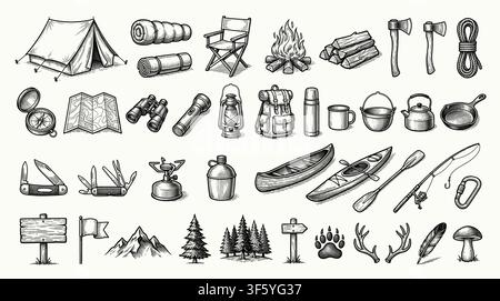 Collection of hand-drawn black and white doodle icons representing various outdoor adventure and camping equipment Stock Vector