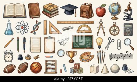 Back to school chalk doodles on blackboard with hand drawn education icons, books, science symbols, stationery and cute classroom elements Stock Vector