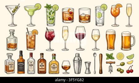Vector set of bottles for alcohol. Stock Vector