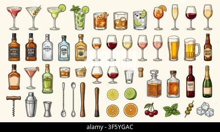 Vector set of bottles for alcohol. Stock Vector